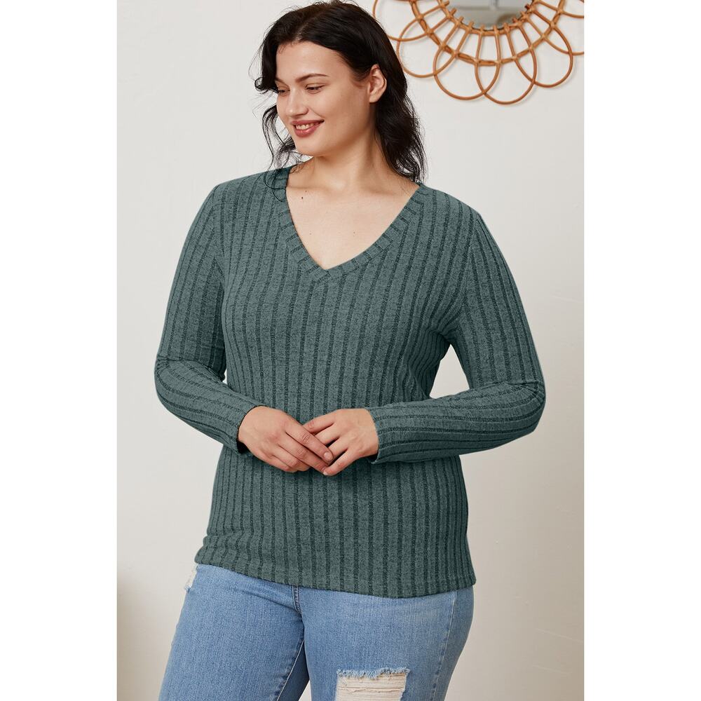 BASIC BAE Blue Ribbed V-Neck Long Sleeve Casual Knit Top NEW 3X